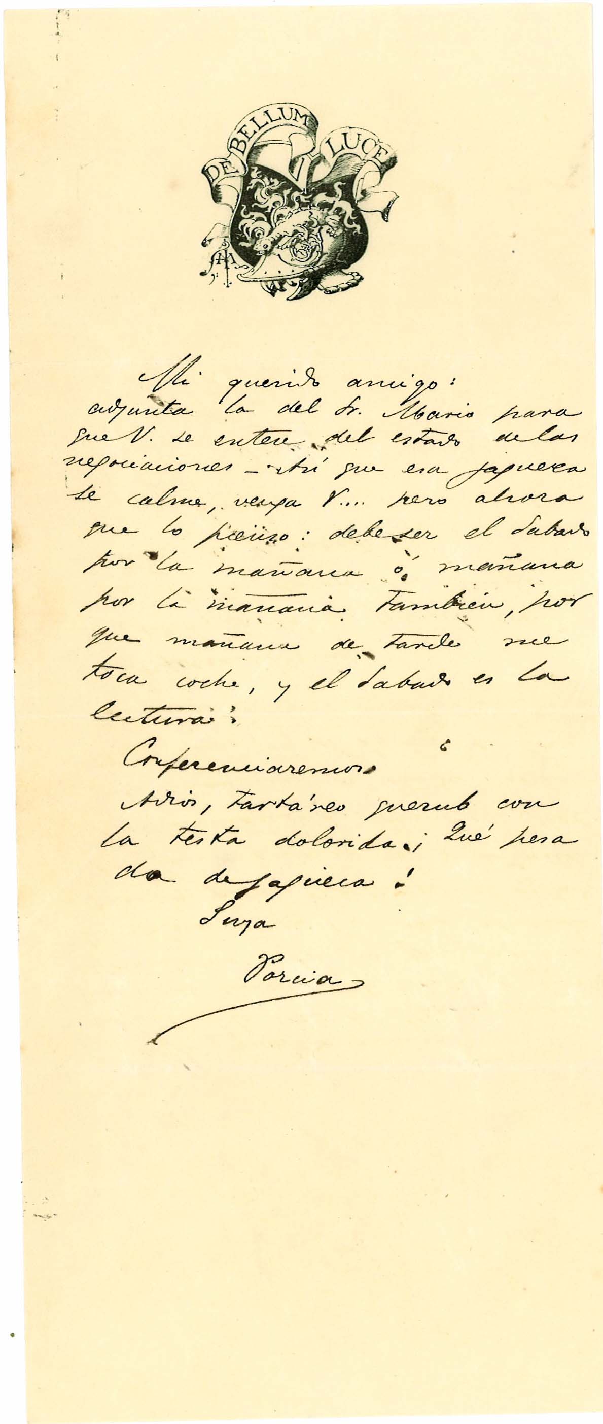 Carta de Emilia Pardo Bazán a Galdós reproducida en el libro 'Cartas de amor clandestino'