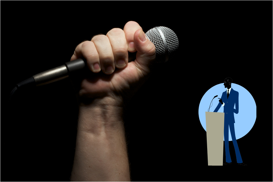 Foto de un micrófono e ilustración de un señor hablando en público